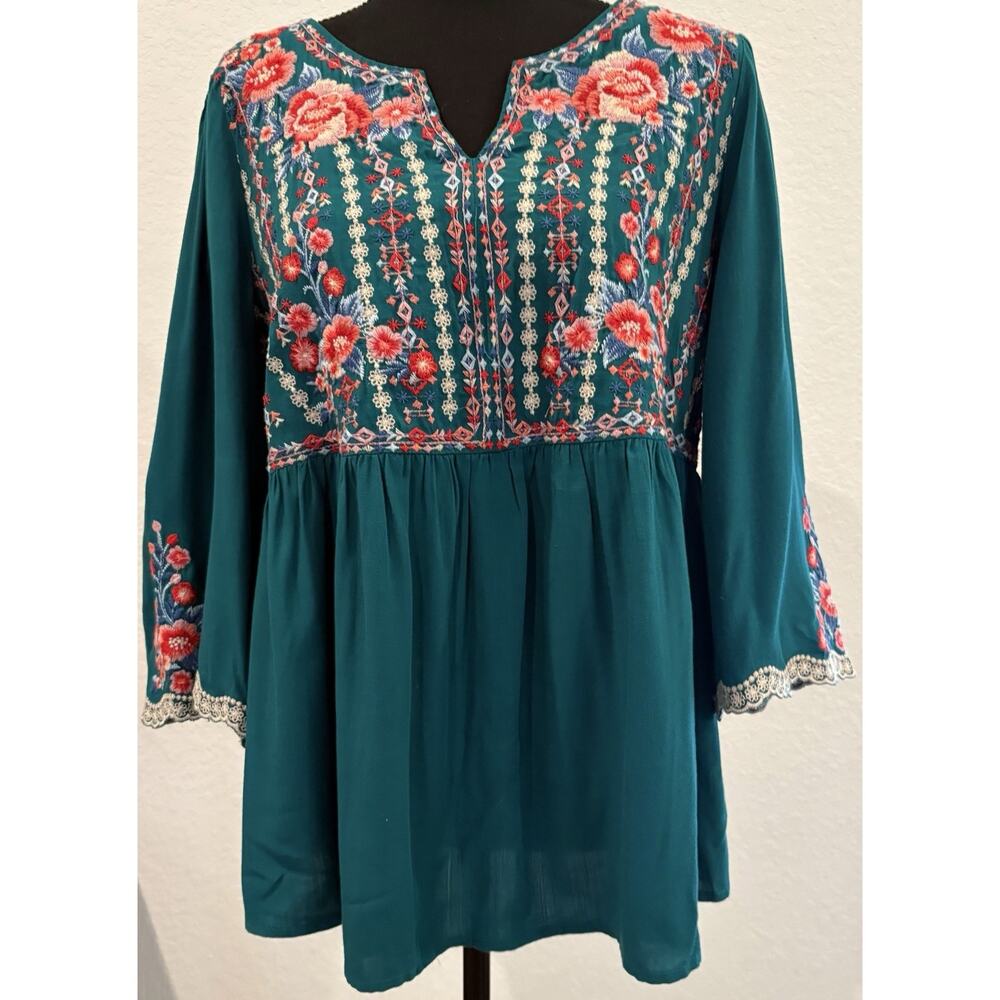 Savanna Jane Teal Embroidered Boho Blouse 3/4 Sleeves Size Large